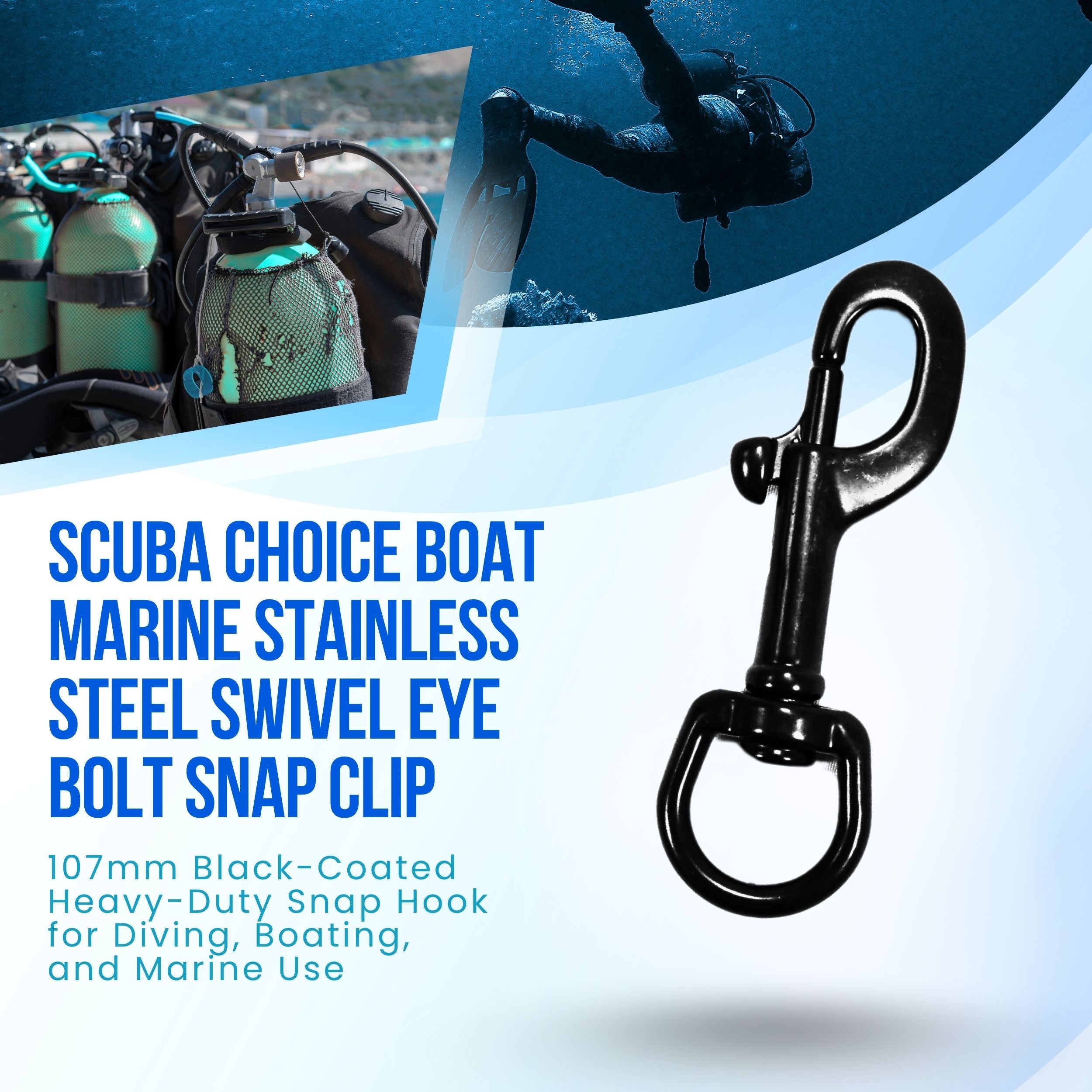 Scuba Choice Boat Marine Black Clip Stainless Steel Swivel Eye Bolt Snap 91mm