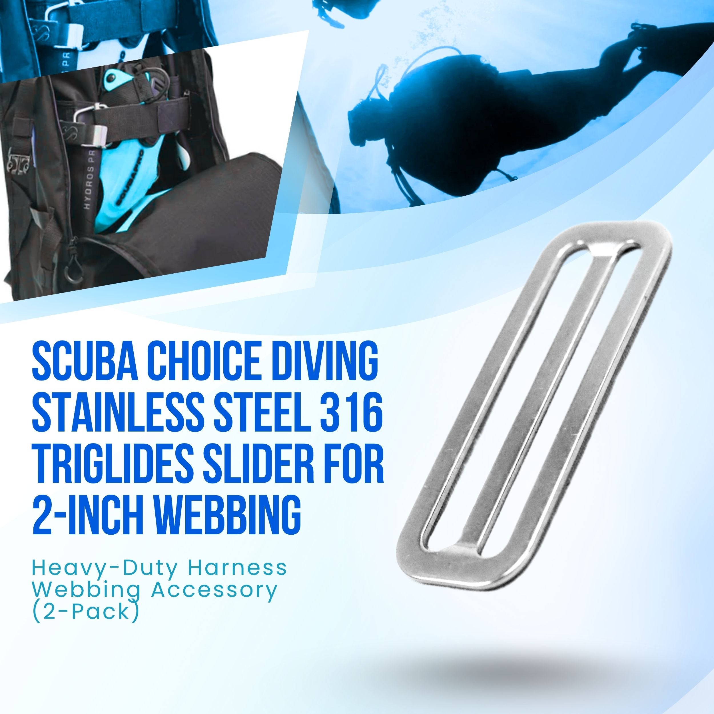 Scuba Choice Diving Stainless Steel 316 TriGlides Slider for 2"Webbing, Pair