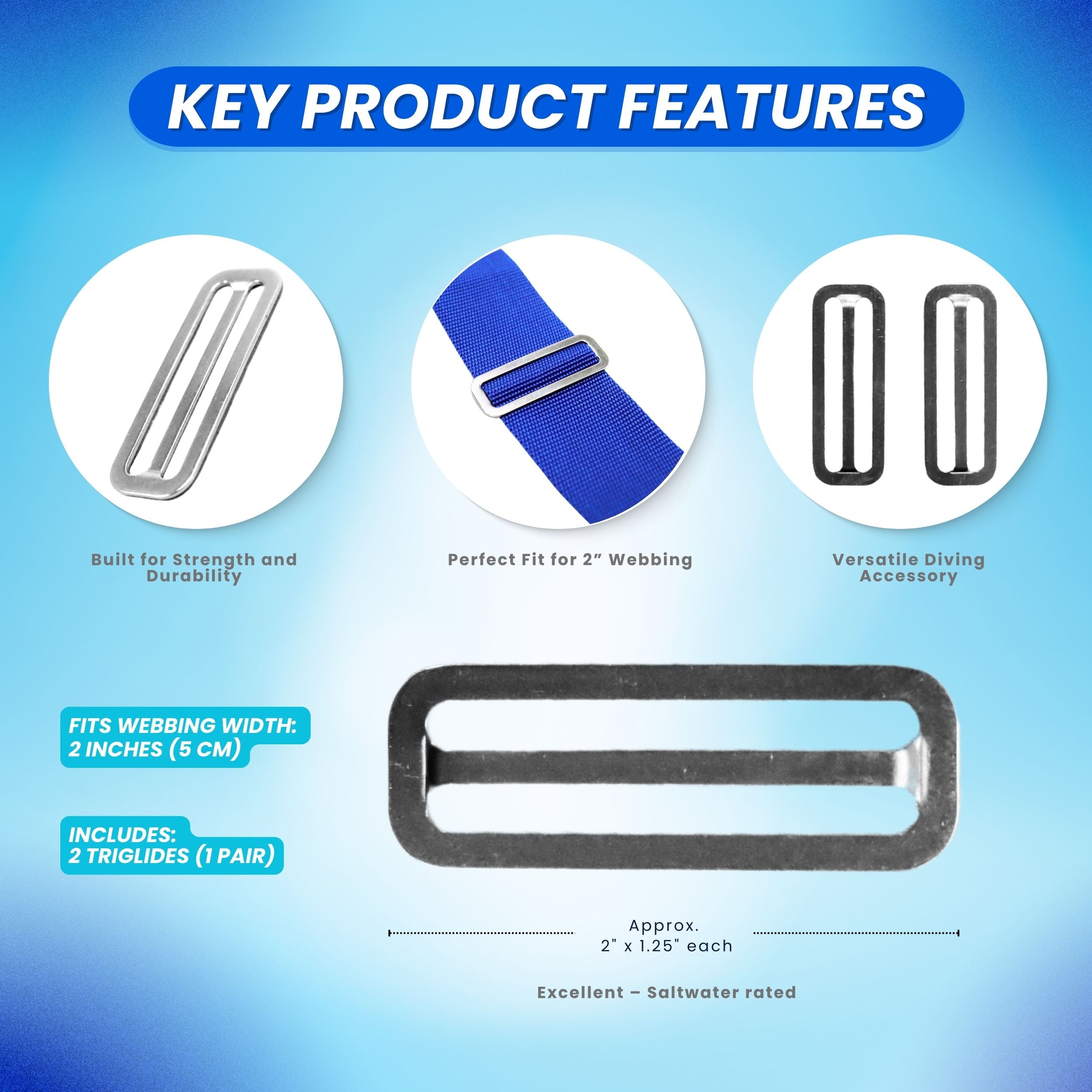 Scuba Choice Diving Stainless Steel 316 TriGlides Slider for 2"Webbing, Pair