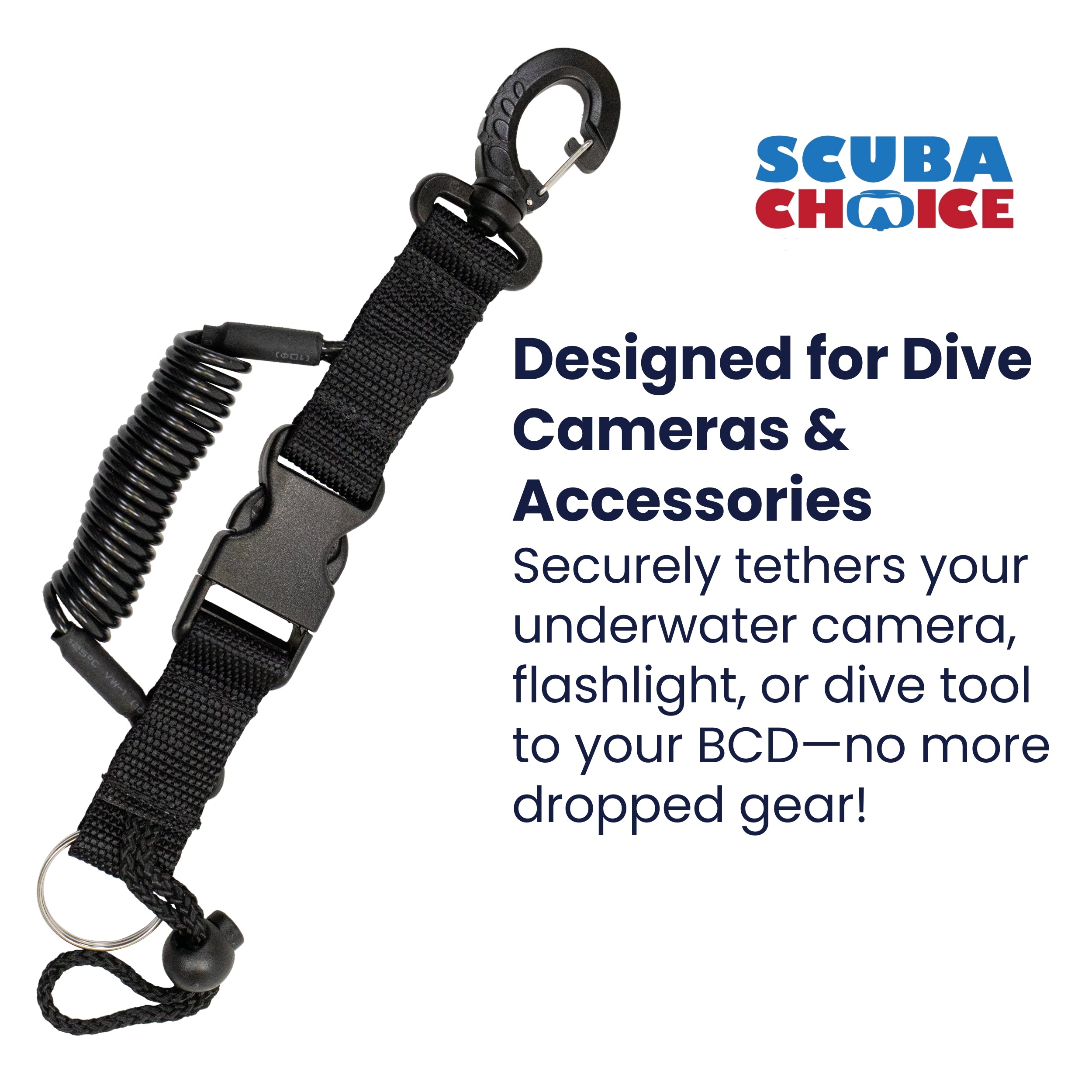 Scuba Diving Dive Black Snappy Coil Camera Lanyard Clip & QB Buckles, 1.3M Coil
