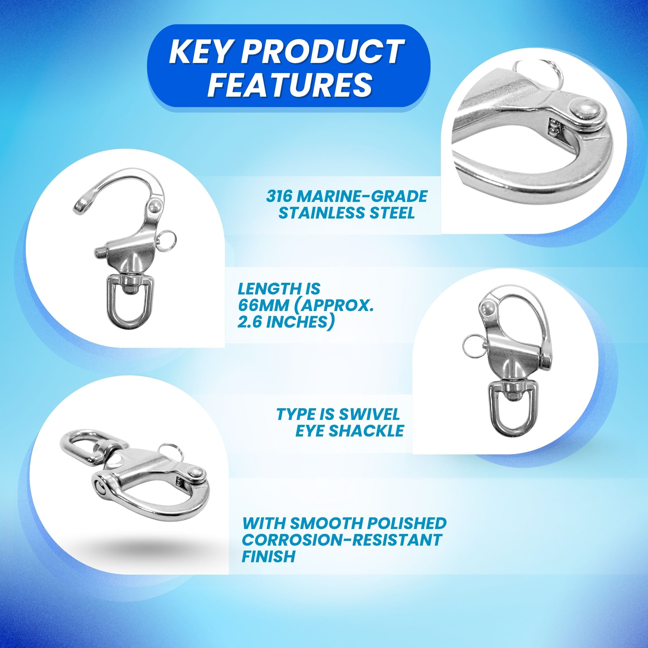 Scuba Choice Marine Grade Stainless Steel Swivel Shackle w/ Eye, 66mm