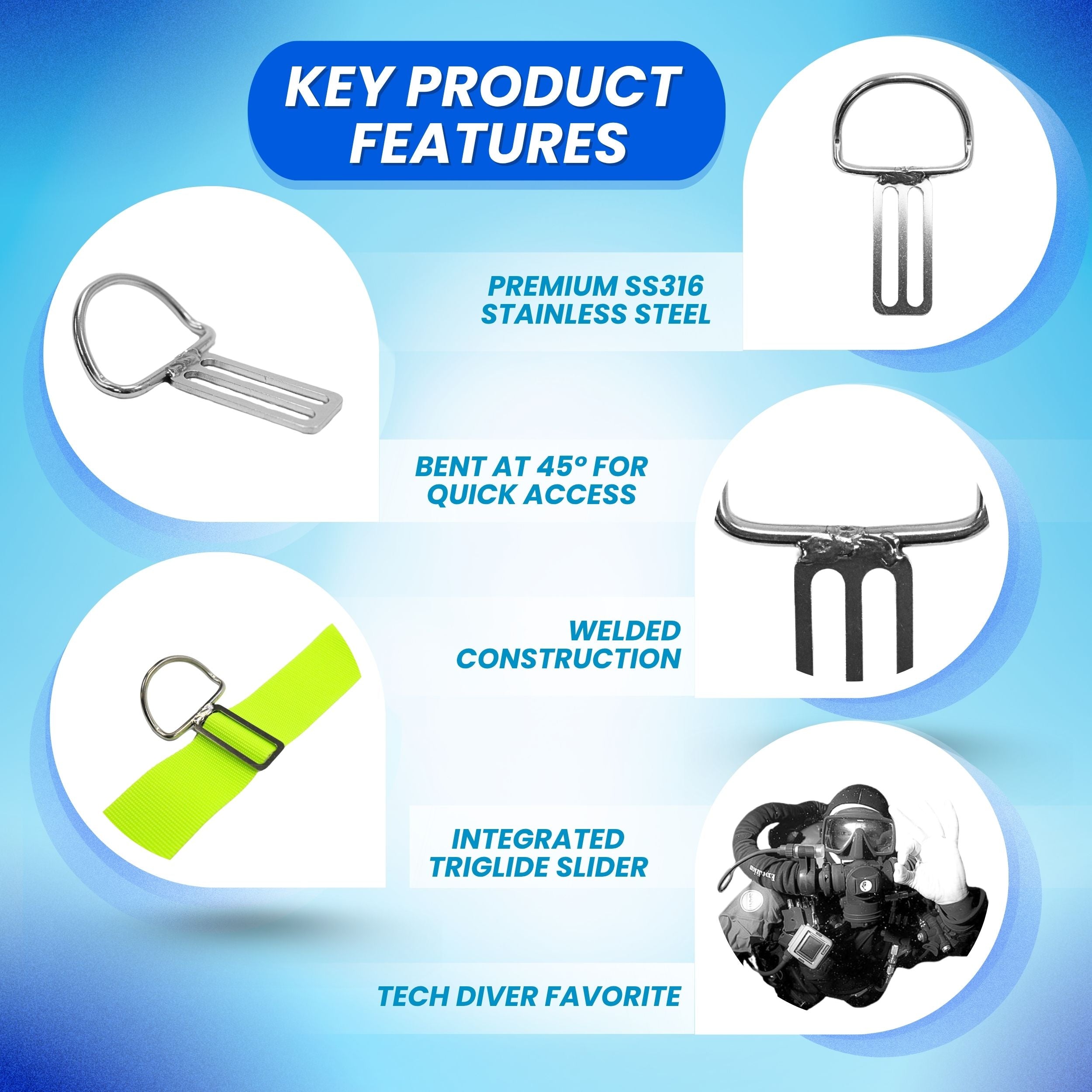 Scuba Choice SS316 Heavy Duty Bent D Ring Welded w/ Triglides Slider, 45 degree