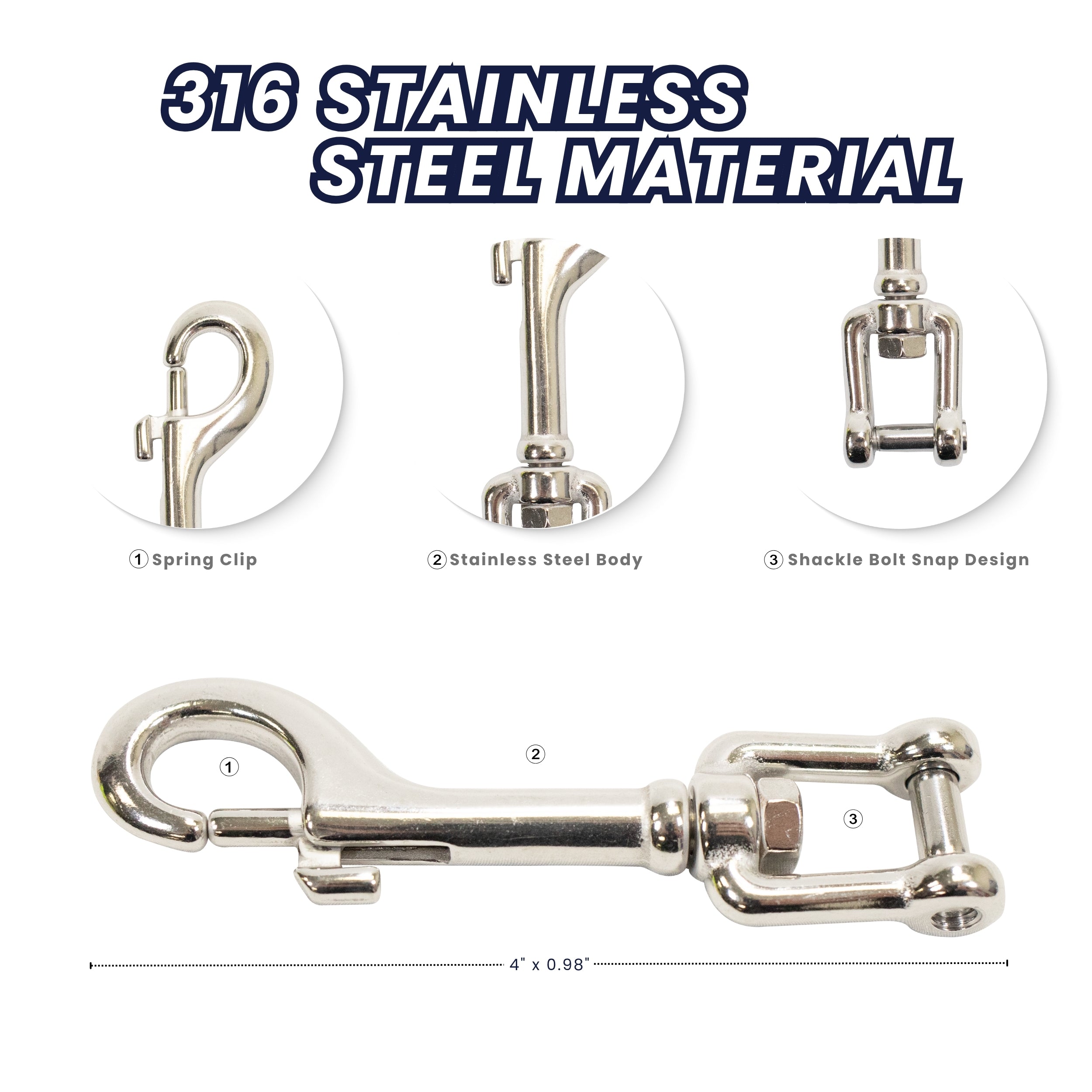 Scuba Diving Stainless Steel 316 Shackle Bolt Snap, Medium