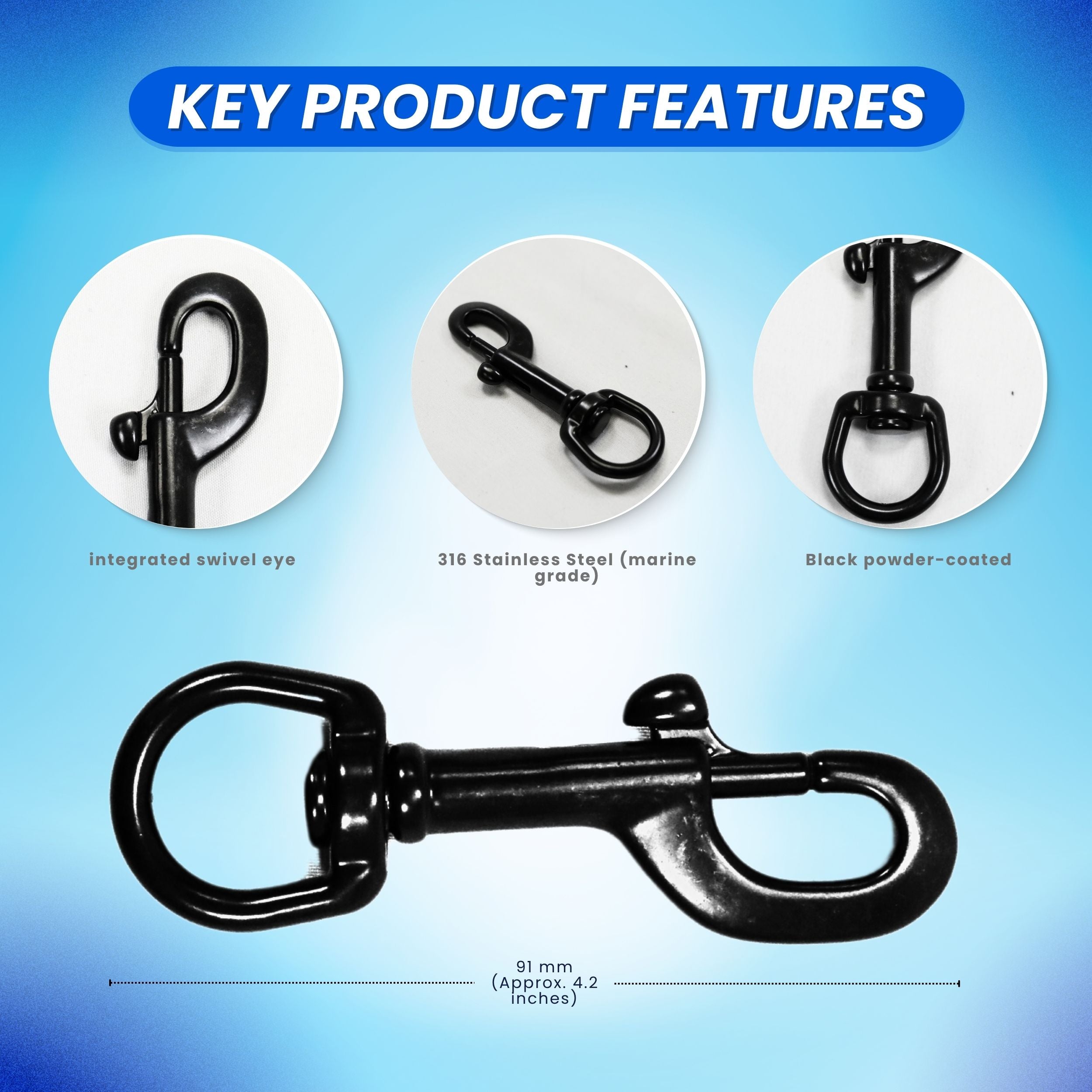 Scuba Choice Boat Marine Black Clip Stainless Steel Swivel Eye Bolt Snap 91mm