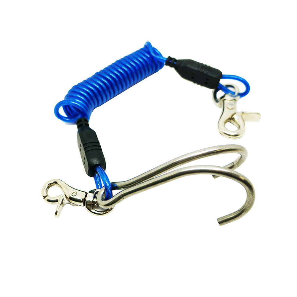 Scuba Diving Stainless Steel Reef Double Hook with Spiral Coil Lanyard
