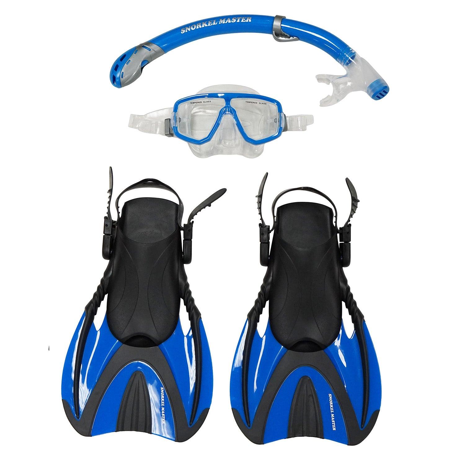 Snorkel Master Snorkeling Adult Mask, Snorkel, & Fins Set, Blue - Scuba Choice