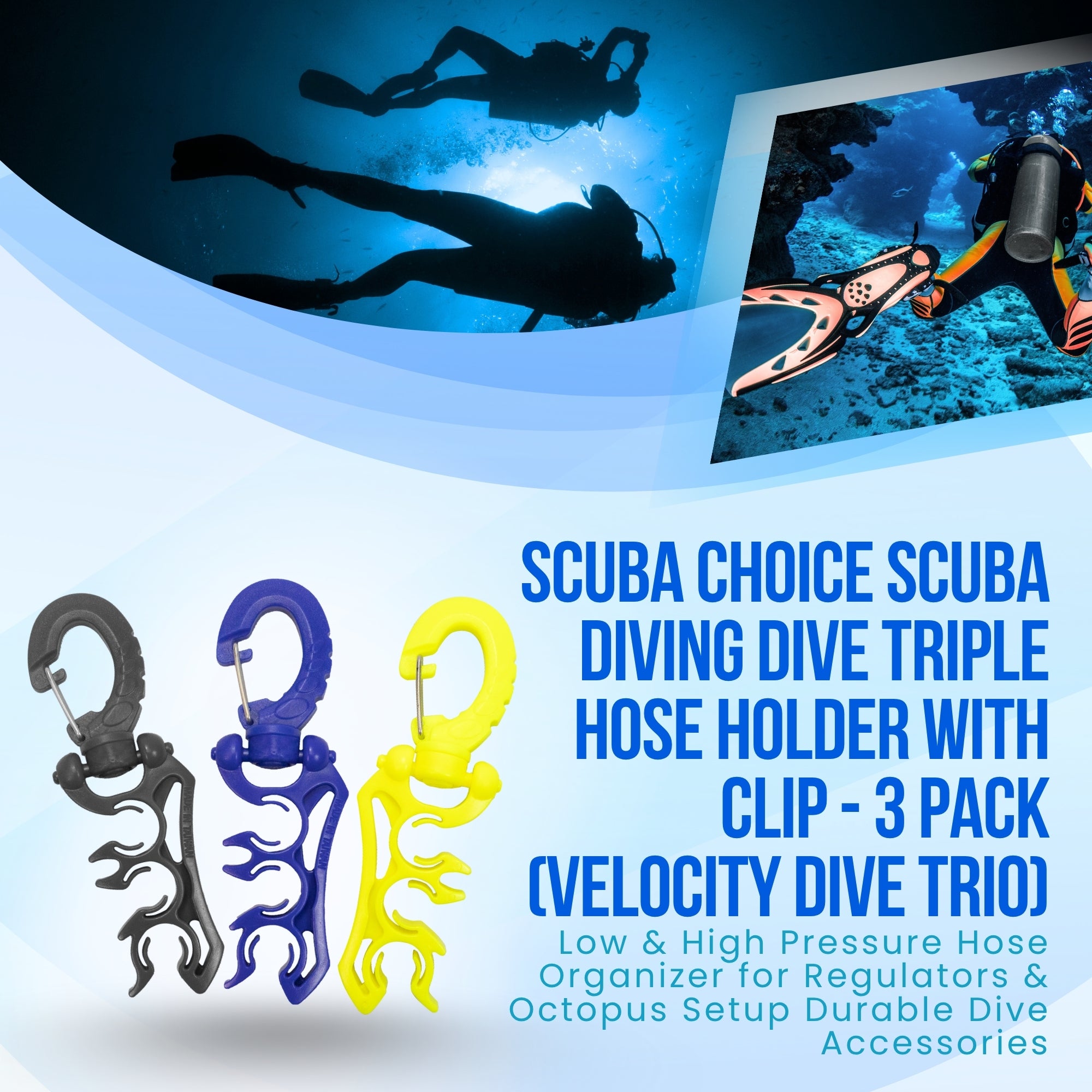 Scuba Choice Scuba Diving Triple Hose Holder Clip (Velocity Dive Trio, 3-Pack) – Low & High Pressure Hose Organizer for Regulators & Octopus Setup Durable Dive Accessories