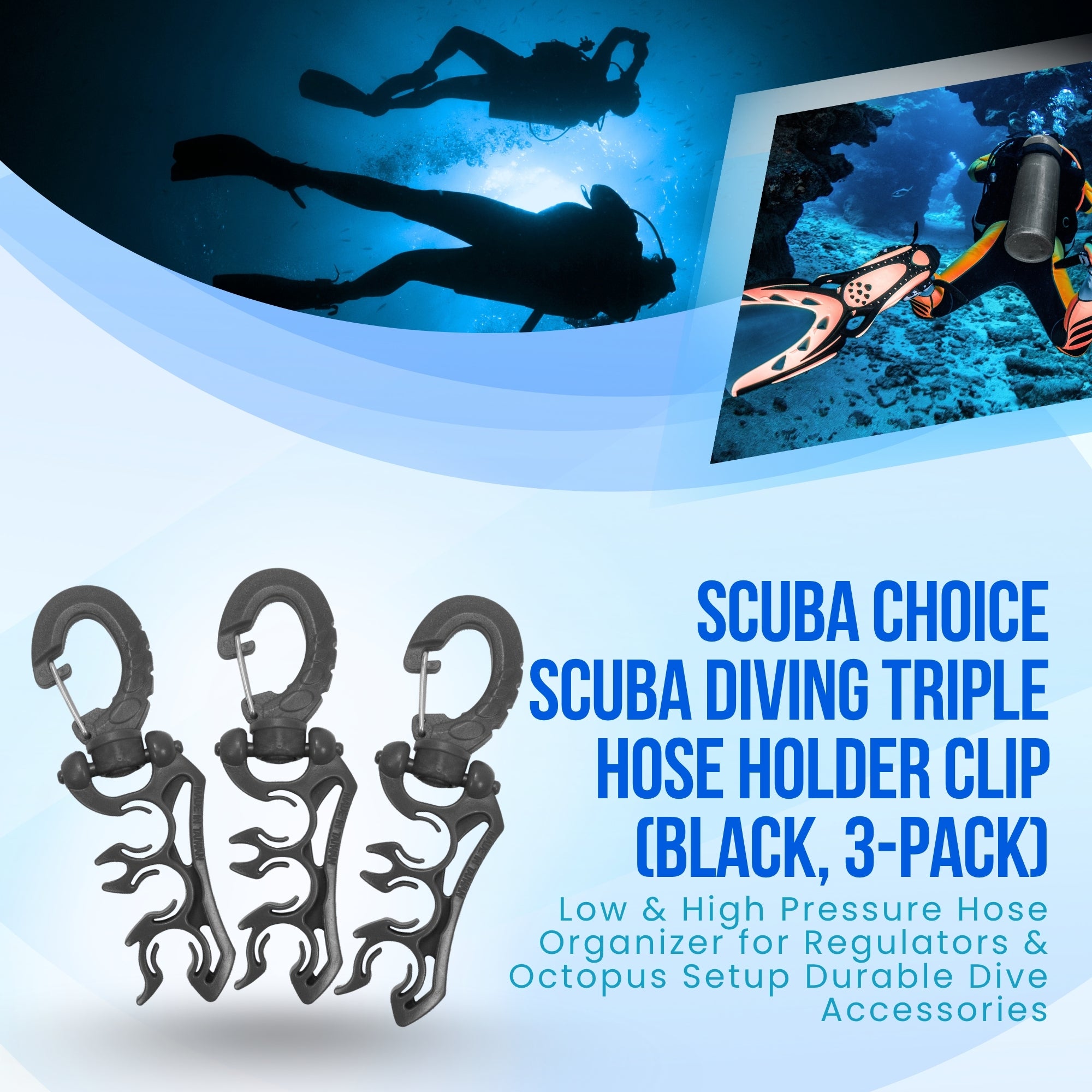 Scuba Choice Scuba Diving Triple Hose Holder Clip (Black, 3-Pack) – Low & High Pressure Hose Organizer for Regulators & Octopus Setup Durable Dive Accessories
