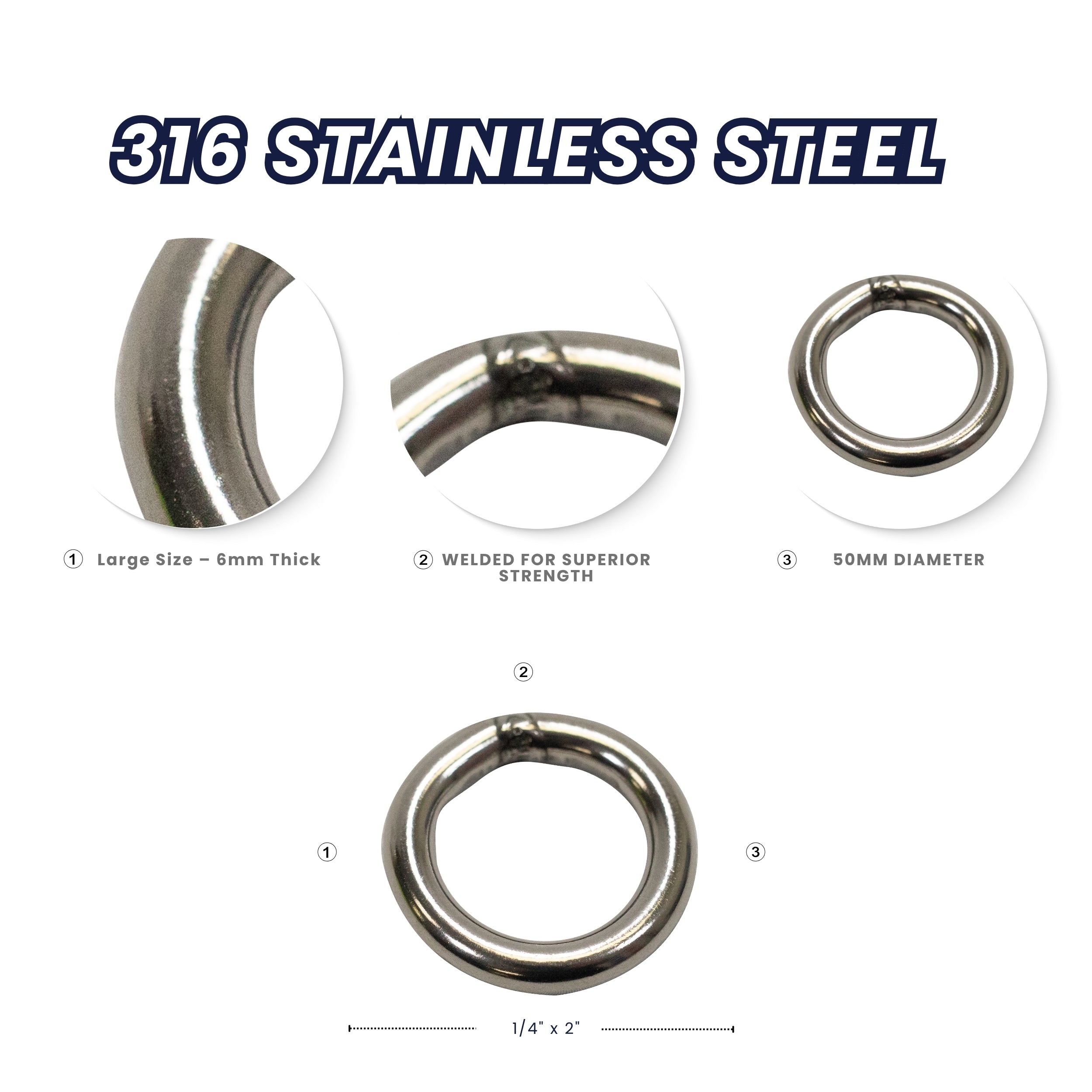 Scuba Choice 316 Stainless Steel Welded Round Ring 6mm x 50mm (1/4" x 2"), 2pc
