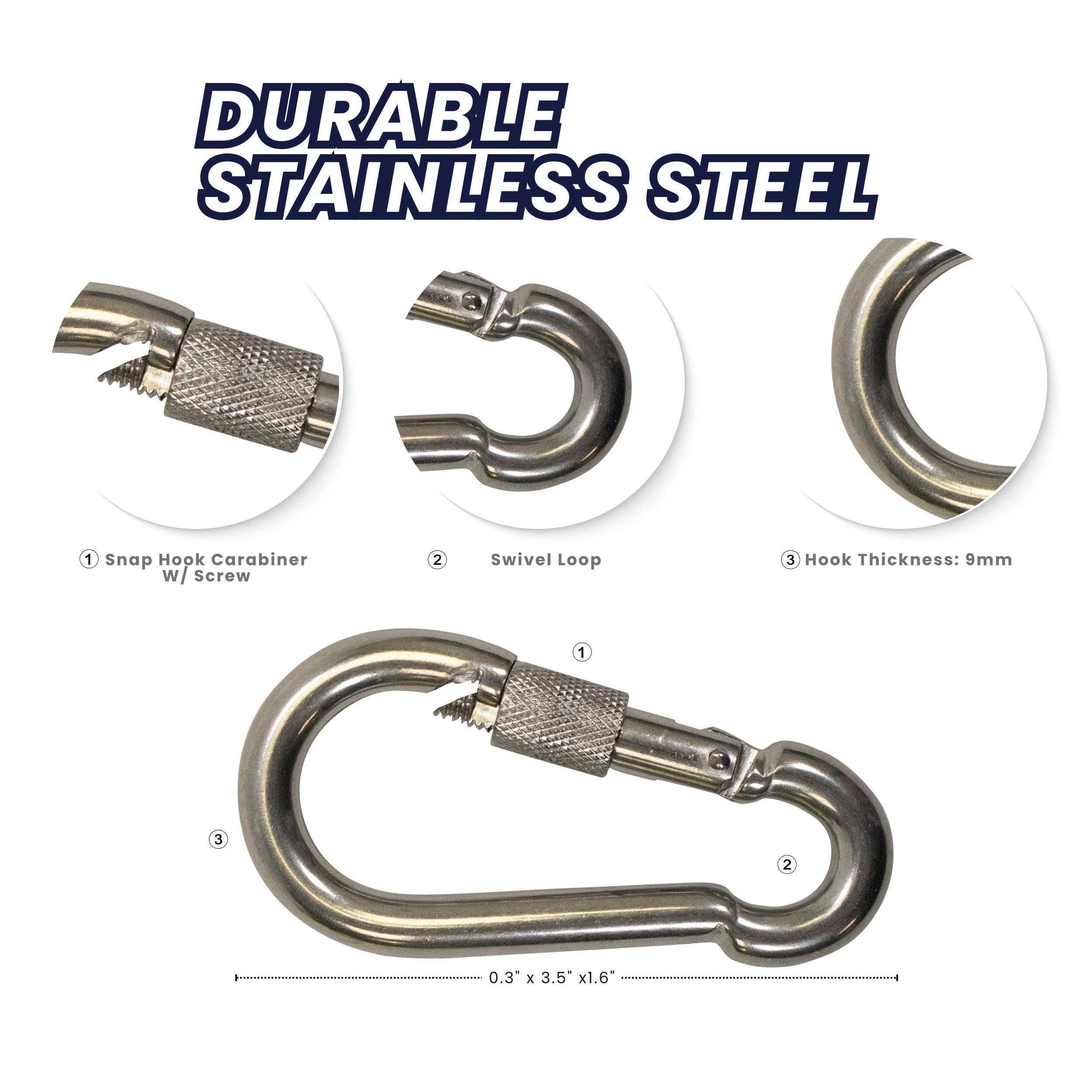Boat Marine Clip 9cm Stainless Steel Snap Hook Carabiner W/ Screw 10mm Opening