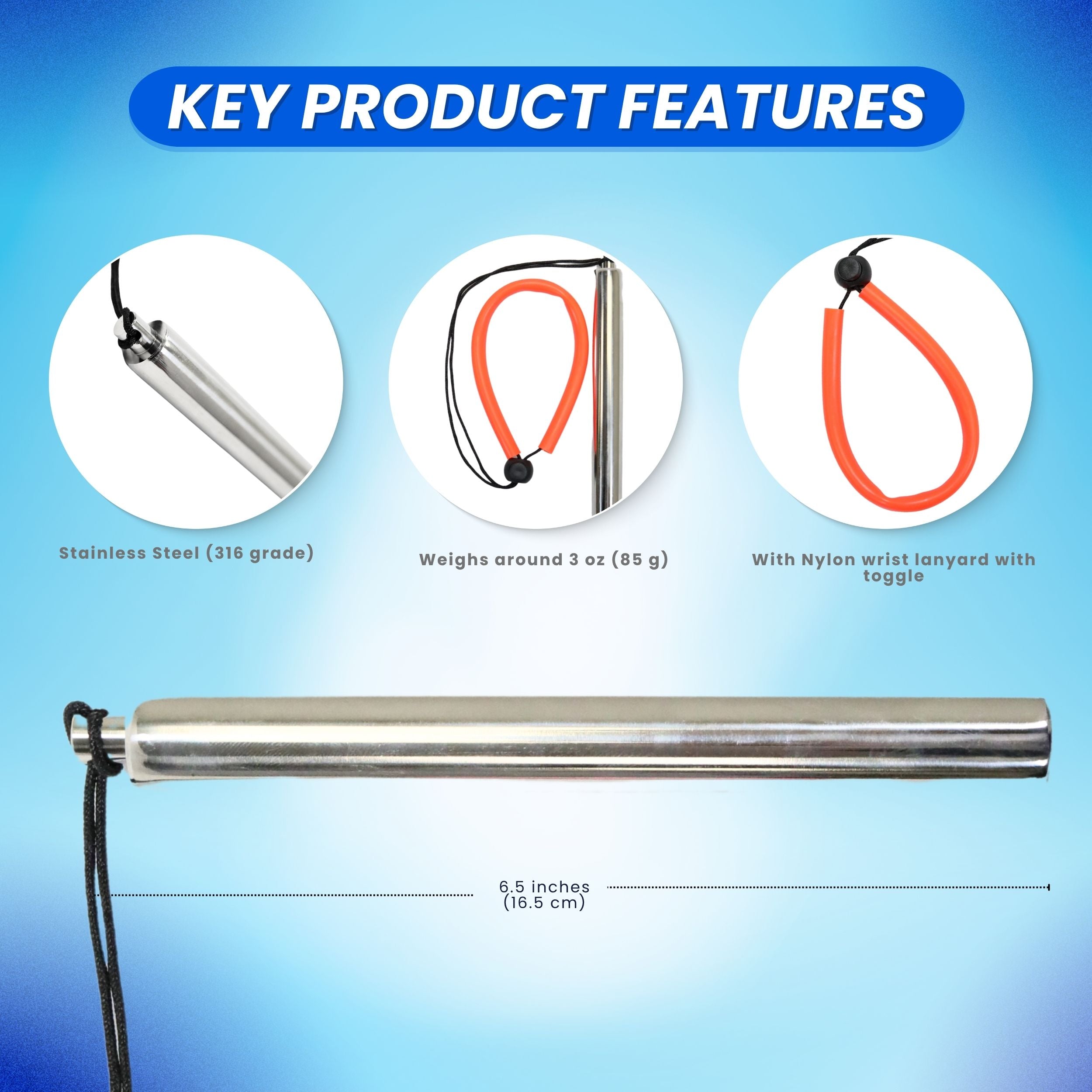 Scuba Dive 6.5" Stainless Steel Tank Rattle Signal Device Stick with Lanyard