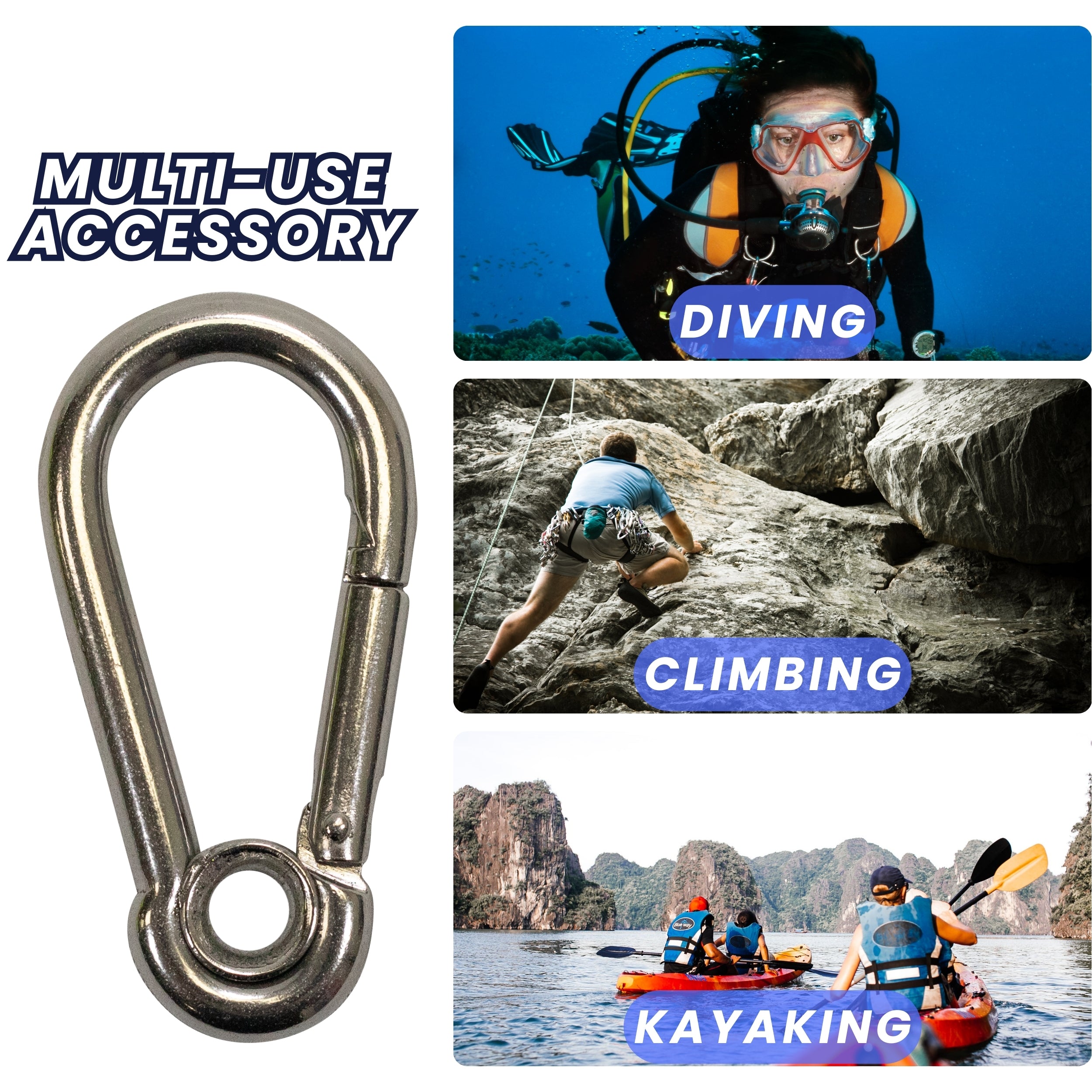 Boat Marine Clip Stainless Steel Safety Spring Hook Carabiner With Rope Holder