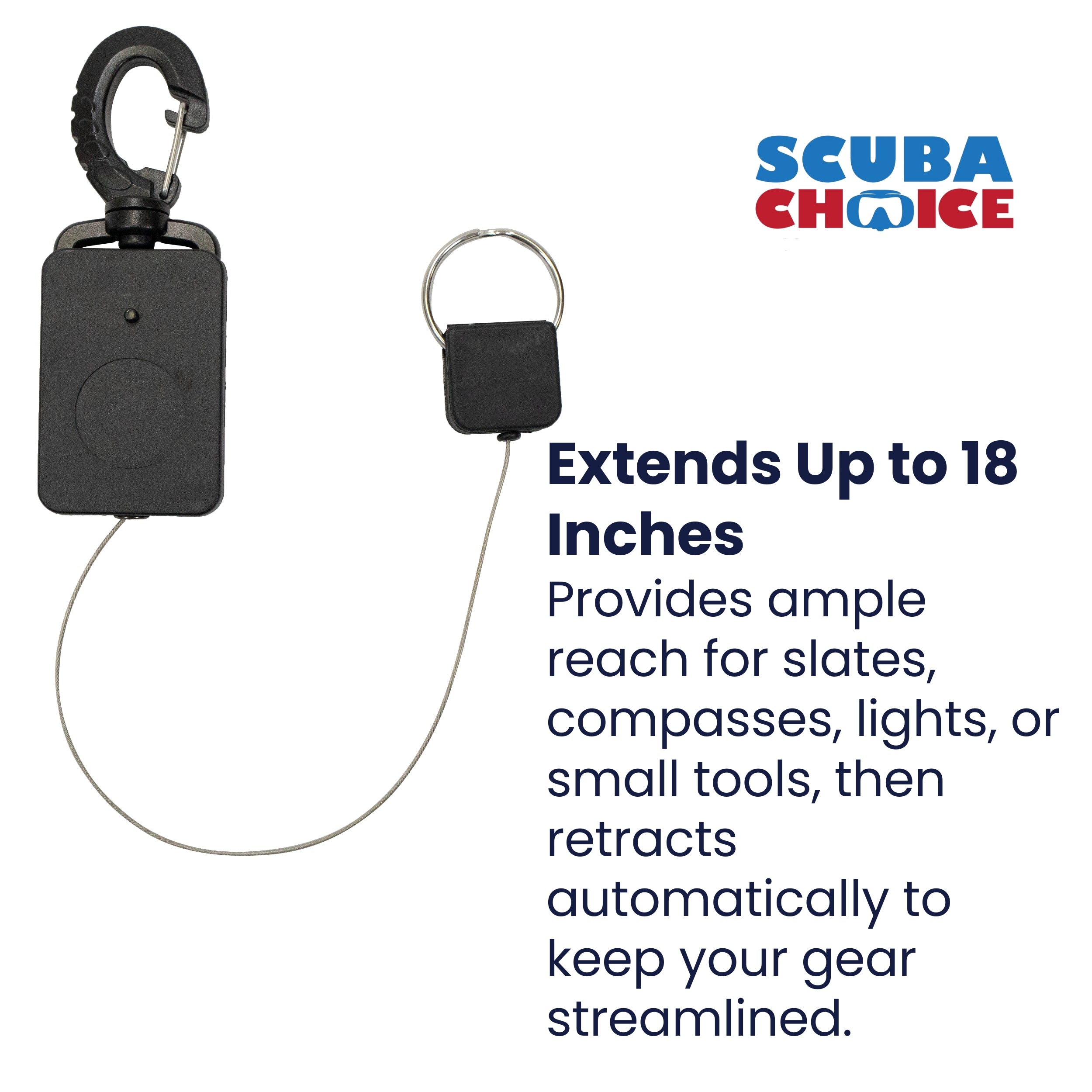 Scuba Diving Rebounding Style Compact Locking Retractor, Extends up to 18"
