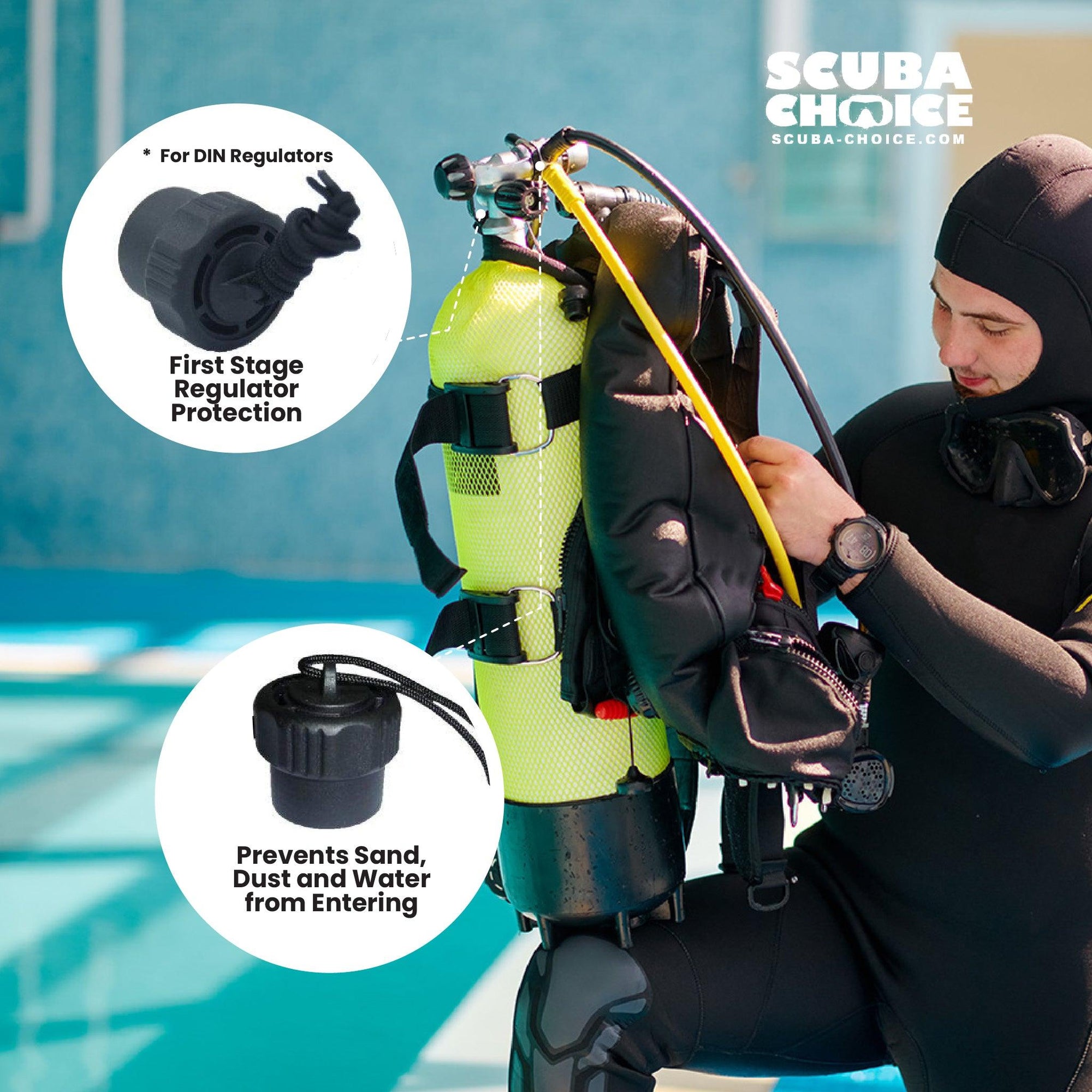 Scuba Diving Regulator First Stage Dust Cap with attachment string, DIN - Scuba Choice