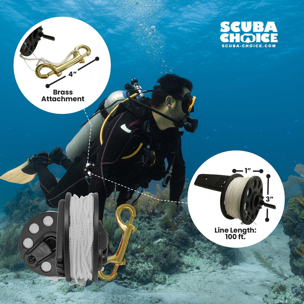 Scuba Diving Dive Compact Finger Spool Reel w/ Plastic Handle 100ft - White Line - Scuba Choice