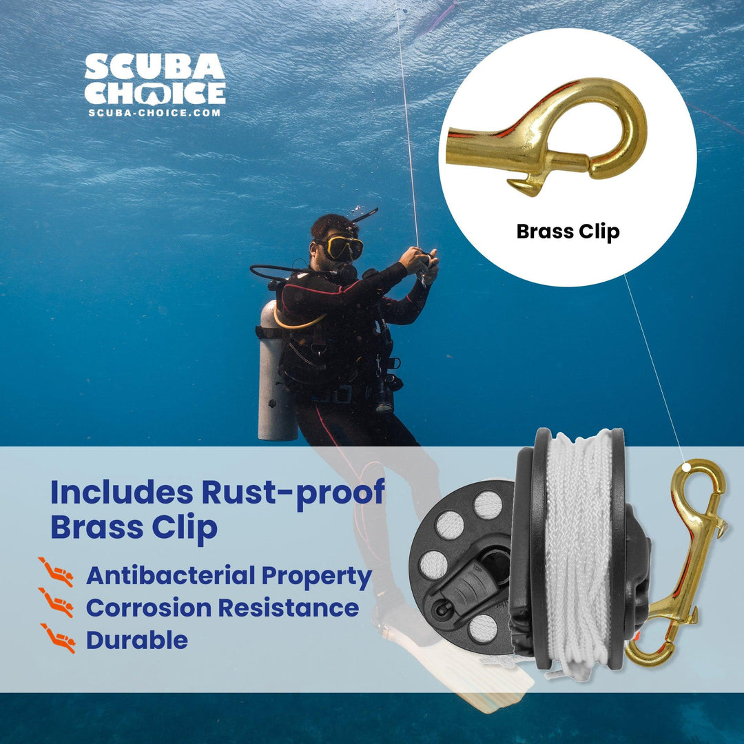 Scuba Diving Dive Compact Finger Spool Reel w/ Plastic Handle 100ft - White Line - Scuba Choice