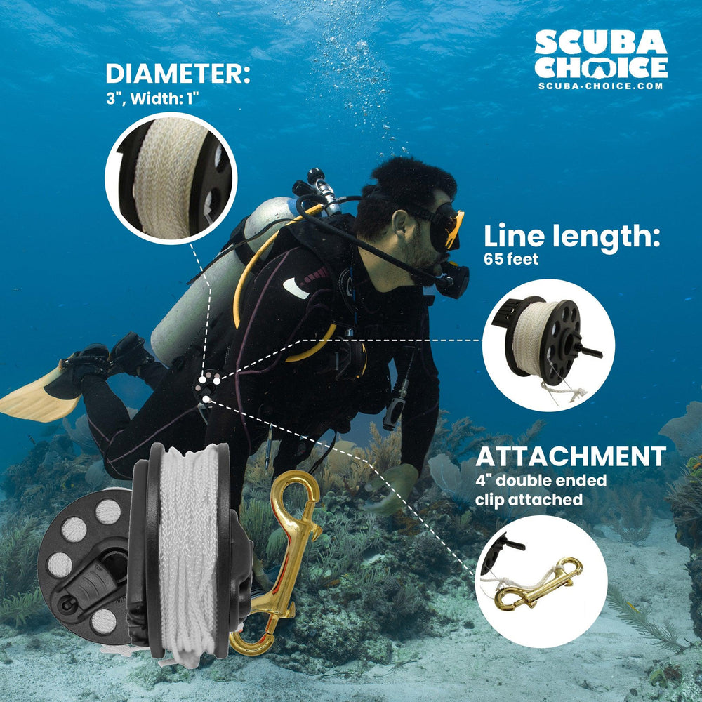 Scuba Diving Dive Compact Finger Spool Reel w/ Plastic Handle 100ft - White Line - Scuba Choice