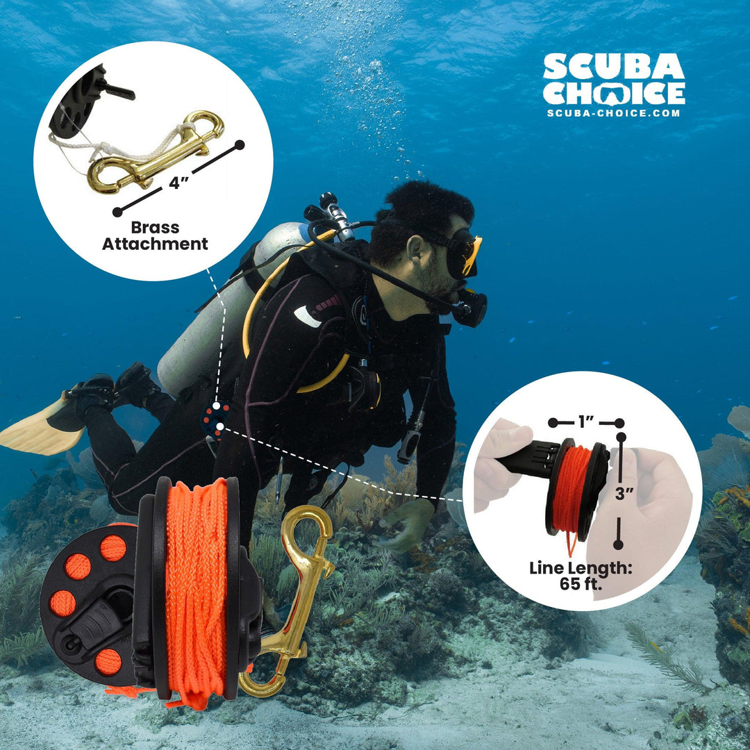 Scuba Diving Compact Finger Spool with Plastic Handle 65ft - Orange Line - Scuba Choice