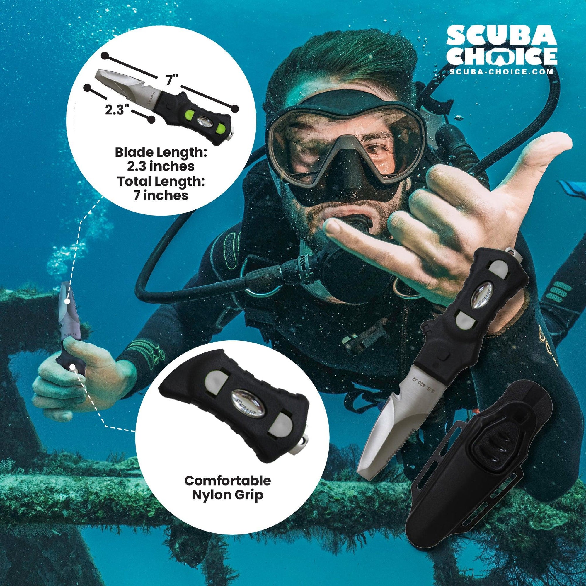 Scuba Diving Compact Black Stainless Steel Blunt Tip BCD Knife - Scuba Choice