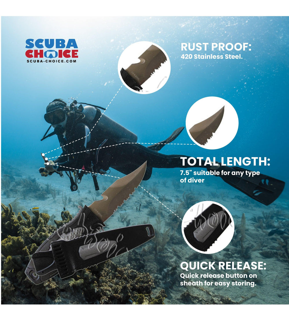 Scuba Diving Low Volume Free Dive Spearfishing 7.5" Stainless Point-Tip Knife - Scuba Choice