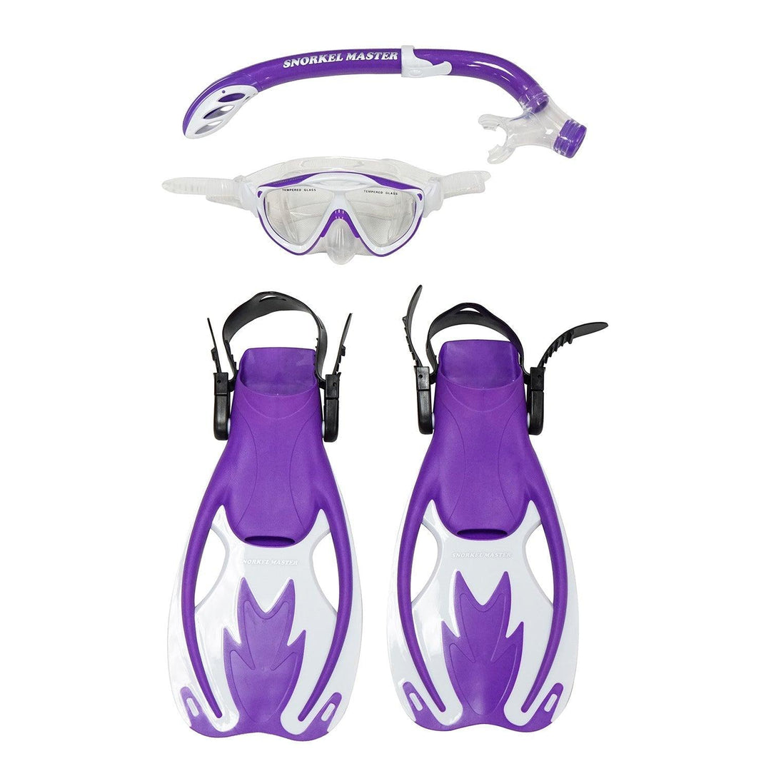 Snorkel Master Snorkeling KIDS Mask, Snorkel, & Fins Set, Purple/White - Scuba Choice